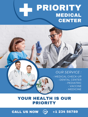 Oferta de serviços de cuidados médicos com garotinha na clínica Poster US Modelo de Design
