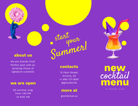 Modèle de visuel Nouvelle annonce de menu de cocktails avec verre et beignet en violet et jaune - Brochure 8.5x11in