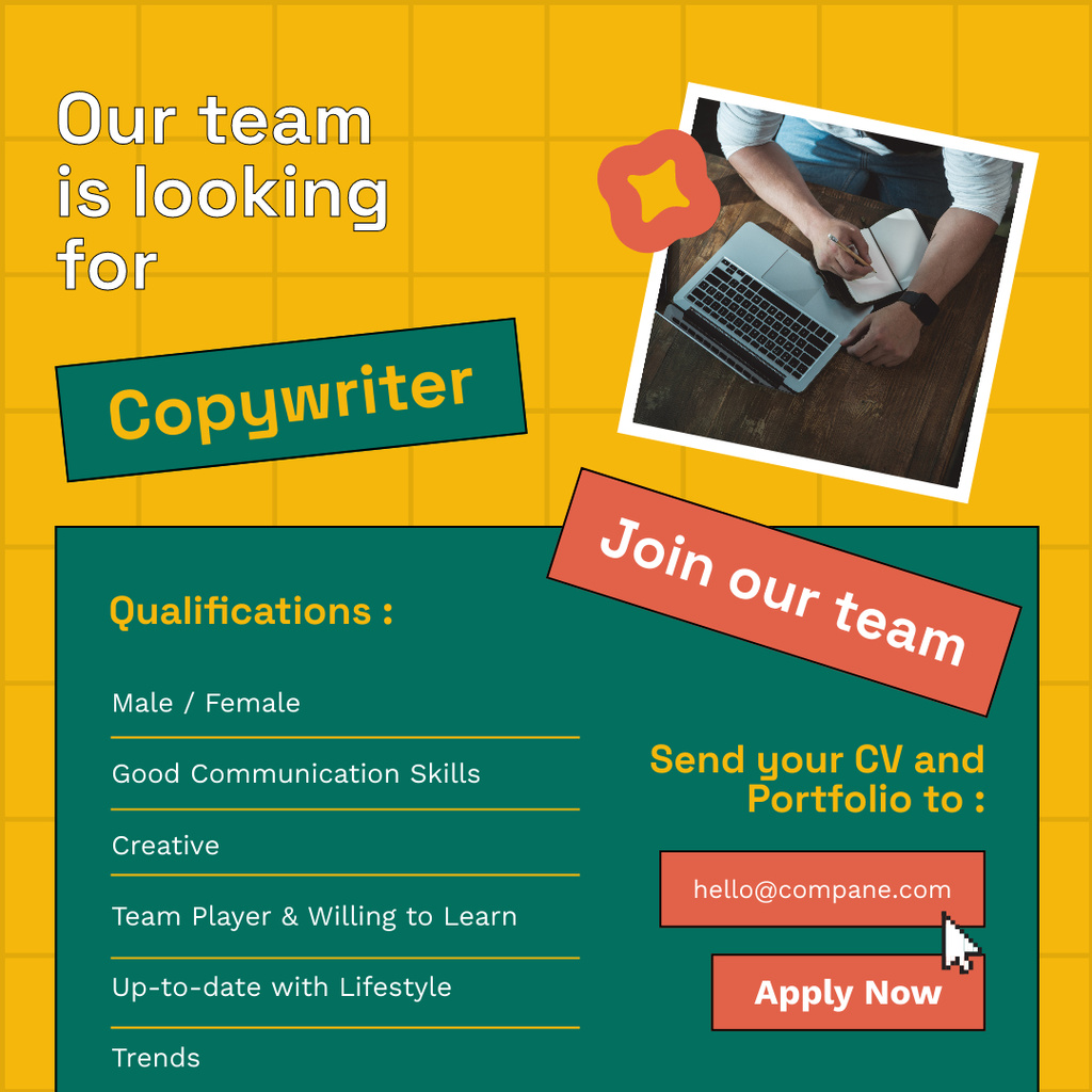 Agency is Looking for Copywriter Green and Yellow Instagram Πρότυπο σχεδίασης