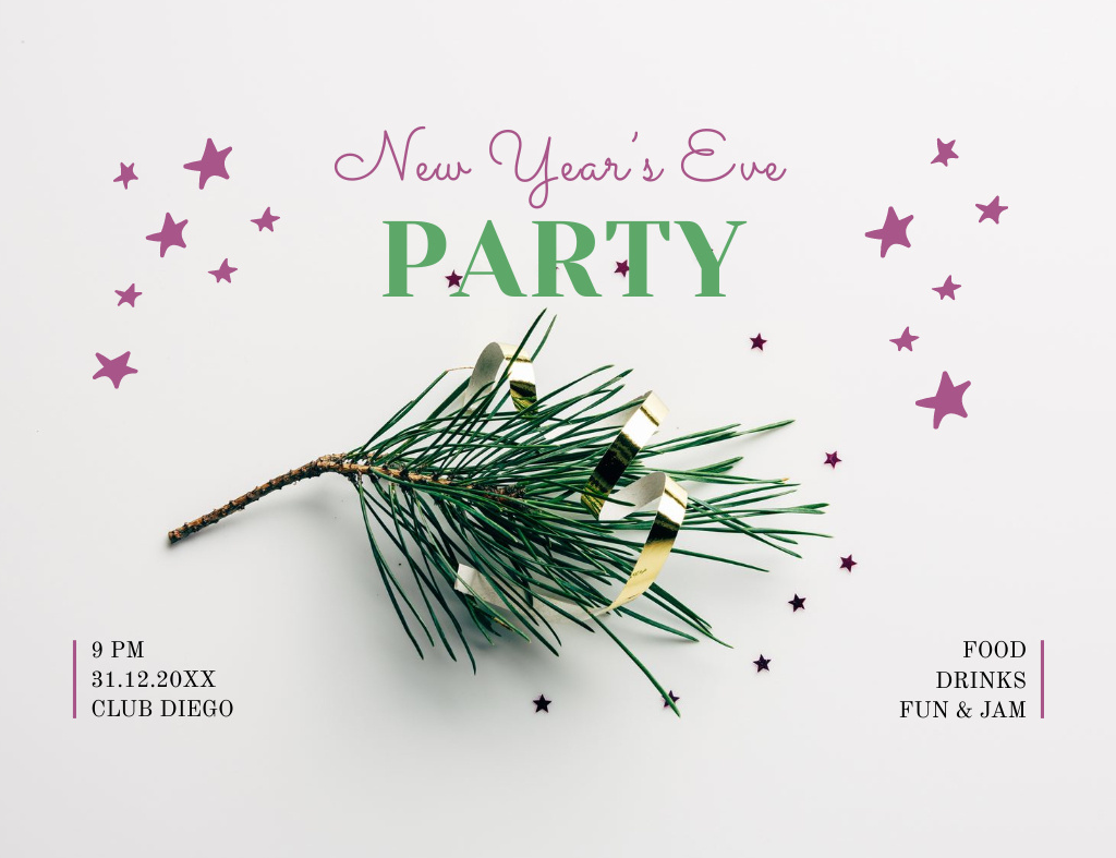 New Year Party Announcement With Pine Branch Invitation 13.9x10.7cm Horizontal Design Template