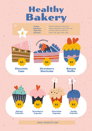 Zdravá pekárna nabízí seznam s ilustracemi dezertů Menu Šablona návrhu