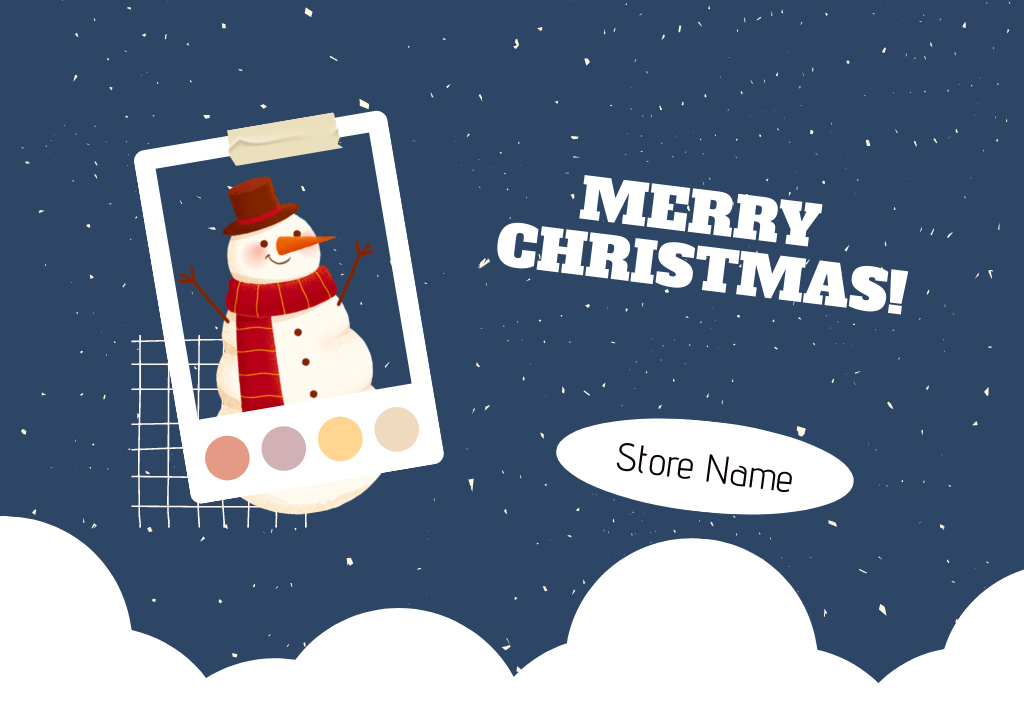 Bright Christmas Holiday with Happy Snowman in Frame Postcard Design Template