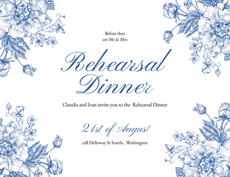 Rehearsal Dinner With Blue Flowers Invitation 13.9x10.7cm Horizontal Modelo de Design