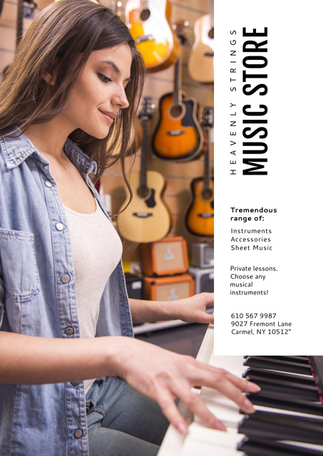 Music Gear Store Special Ad with Young Woman Playing the Piano Poster B2 Modelo de Design