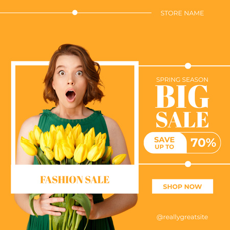 Spring Sale Offer with Woman with Tulip Bouquet Instagram AD Design Template