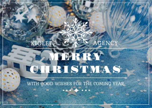 Merry Christmas Greeting with Decorations in Blue Card Design Template
