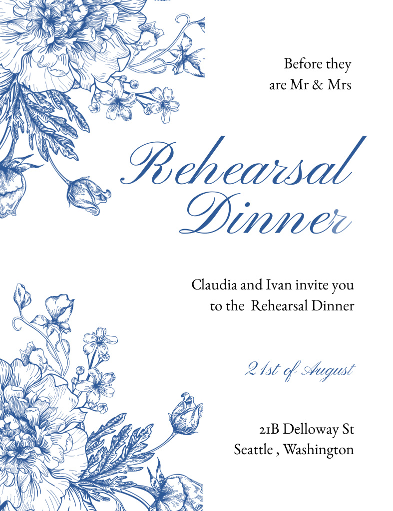 Designvorlage Wedding Rehearsal Dinner Announcement with Blue Flowers für Invitation 13.9x10.7cm