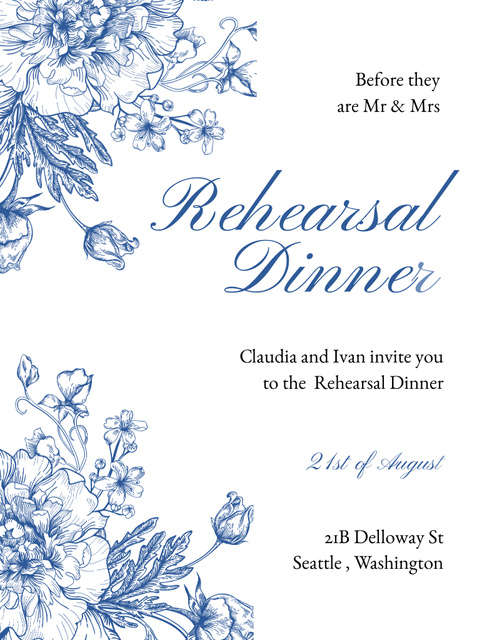 Wedding Rehearsal Dinner Announcement with Blue Flowers Invitation 13.9x10.7cm Πρότυπο σχεδίασης