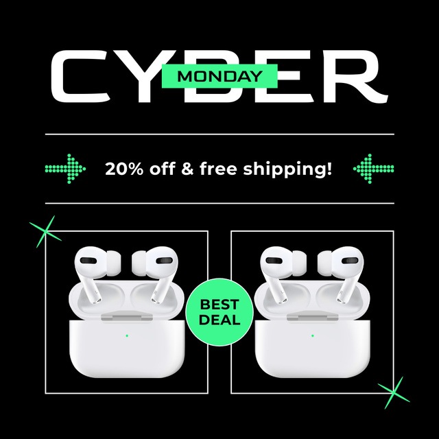 Designvorlage Cyber Monday Sale of Earphones with Free Shipping für Instagram