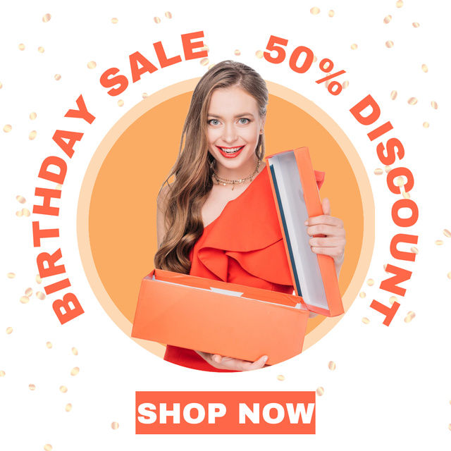 Birthday Sale Ad with Young Woman Instagram Design Template