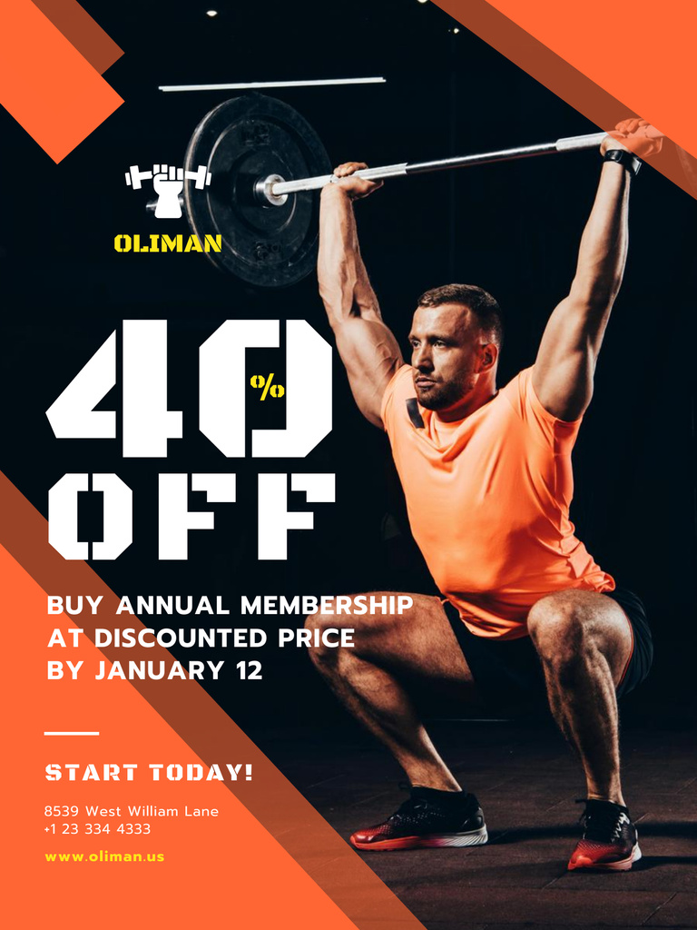 Gym Promotion with Man Lifting Barbell Poster US Πρότυπο σχεδίασης