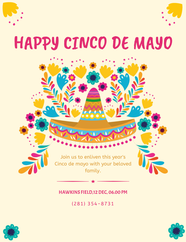 Cinco De Mayo Alert with Colorful Folk Ornament Invitation 13.9x10.7cm Πρότυπο σχεδίασης
