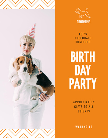 Ontwerpsjabloon van Poster 22x28in van Birthday Party Announcement with Woman and Cute Dog
