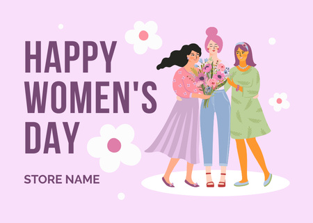 Naistenpäivätervehdys söpöjen naisten kanssa kukkakimppujen kanssa Card Design Template
