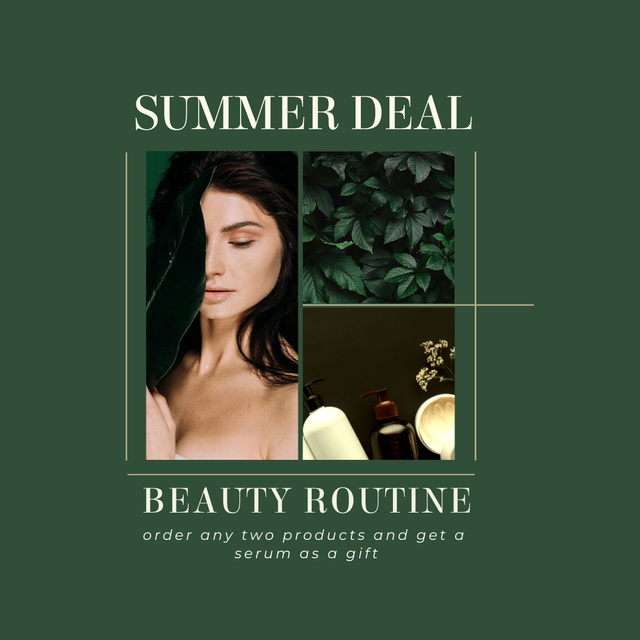 Beauty Summer Deal Announcement with Bottle of Serum and Leaves Instagram Šablona návrhu