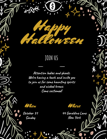 Modèle de visuel Salutation d'Halloween sur un ornement mystérieux de griffonnage - Invitation 13.9x10.7cm