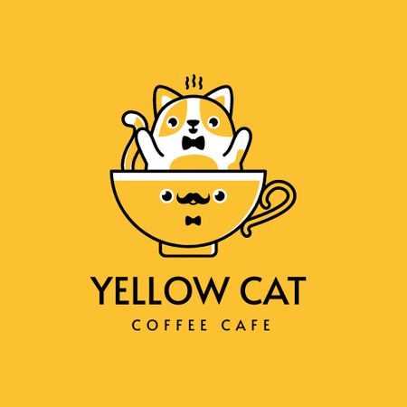 Coffee Shop Ad with Cup and Yellow Cat Logo Design Template