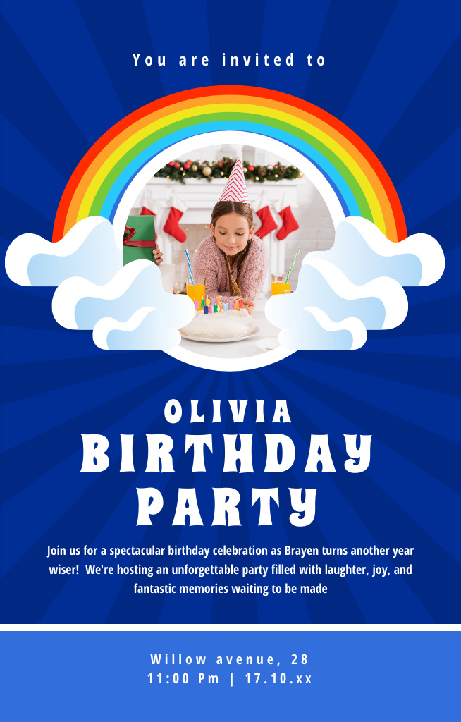 Birthday Party Announcement with Girl with Cake Invitation 4.6x7.2in Šablona návrhu