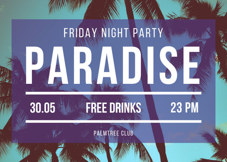 Night Party Invitation with Tropical Palm Trees Flyer 5x7in Horizontal Design Template