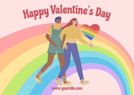 Ontwerpsjabloon van Card van Valentijnsdaggroeten met lesbisch koppel en heldere regenboog