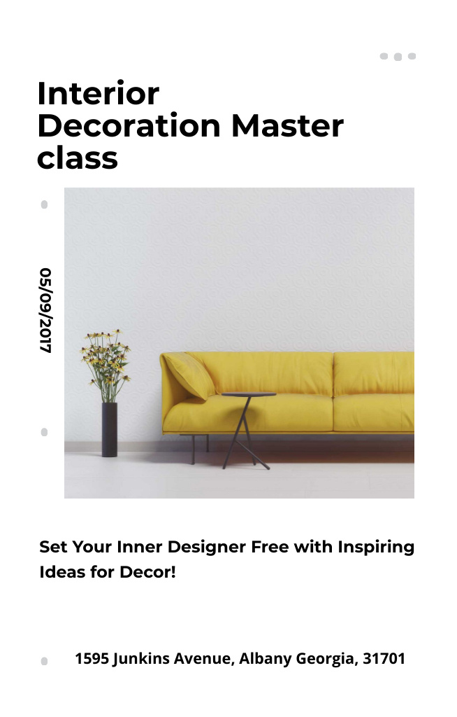 Designvorlage Interior Decoration Masterclass Ad with Yellow Sofa für Invitation 4.6x7.2in