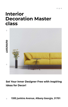 Designvorlage Werbung für die Meisterklasse „Innendekoration“ mit gelbem Sofa für Invitation 4.6x7.2in