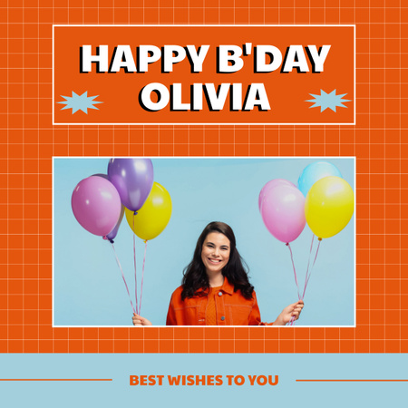 Template di design Ragazza carina di compleanno con palloncini su arancione LinkedIn post