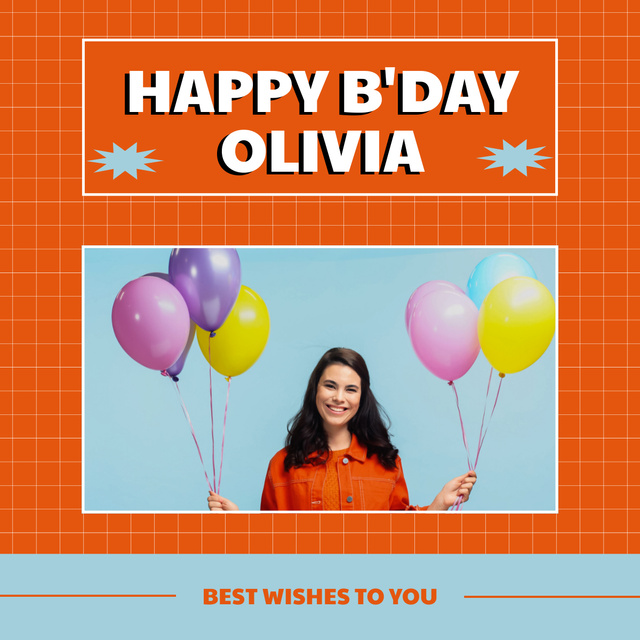 Cute Birthday Girl with Balloons on Orange LinkedIn post Modelo de Design