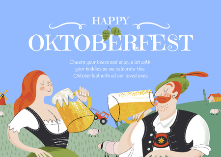 Oktoberfest Celebration Announcement with People drinking Beer Card Design Template