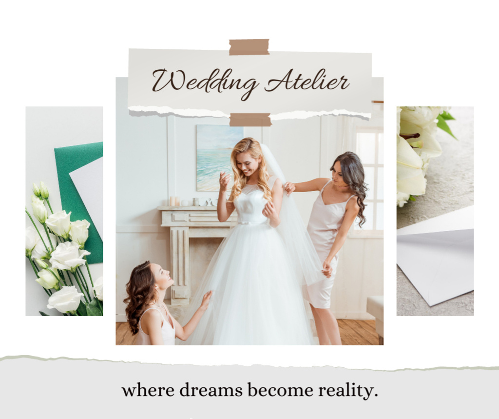 Services of Wedding Atelier with Beautiful Bride Facebook tervezősablon