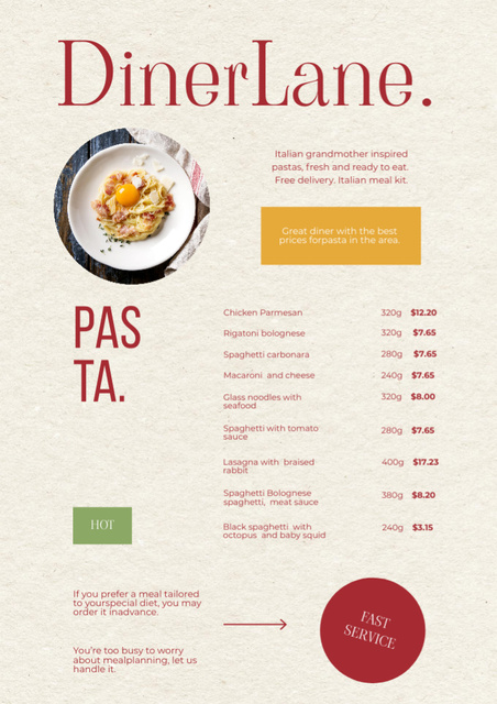 Dinner Menu Announcement with Pasta Menu Design Template