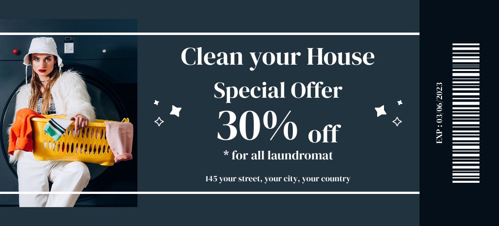 Offer Discounts on Laundry Service with Stylish Woman Coupon 3.75x8.25in Design Template