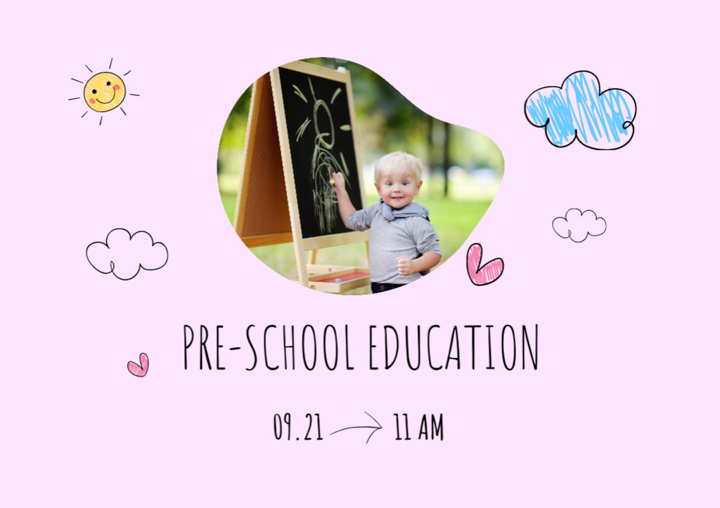 School Apply Announcement with Cute Little Boy Flyer A5 Horizontal Modelo de Design