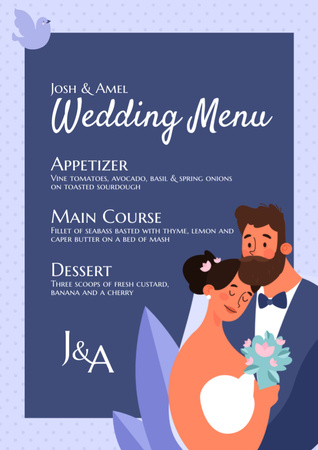Plantilla de diseño de Pareja de dibujos animados en la lista de platos de boda violeta Menu 