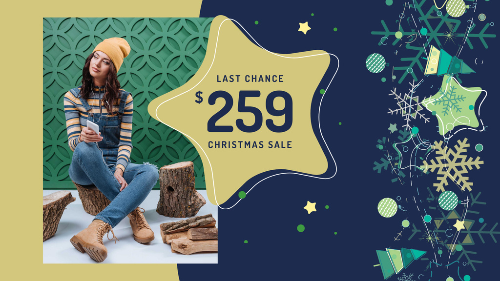 Christmas Sale Offer And Woman in Denim Overalls FB event cover – шаблон для дизайна