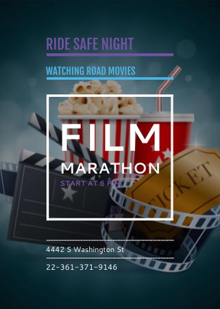 Plantilla de diseño de Film Marathon Night with popcorn Invitation 