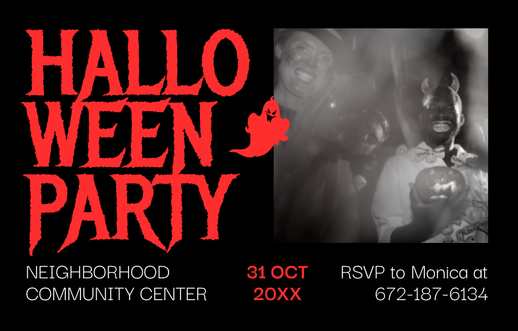 Designvorlage Halloween Party with People in Costumes für Invitation 4.6x7.2in Horizontal