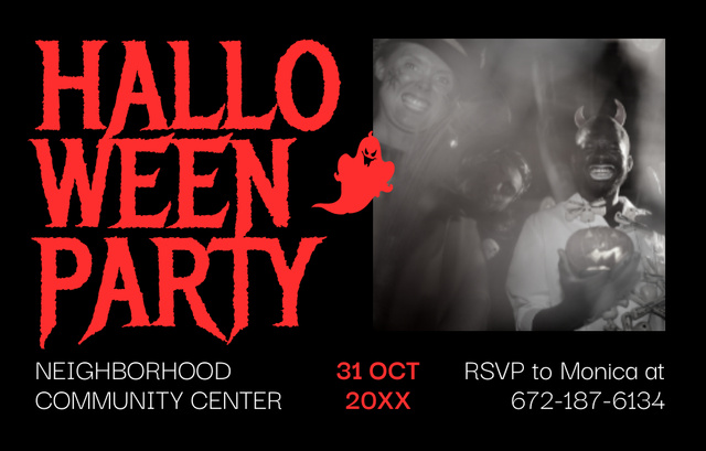 Plantilla de diseño de Halloween Party with People in Costumes Invitation 4.6x7.2in Horizontal 