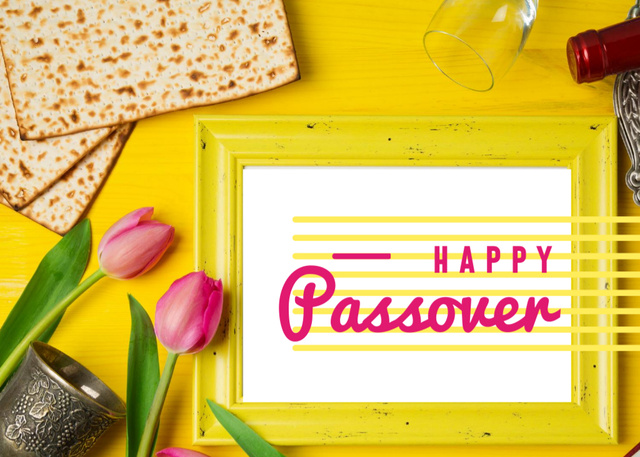 Designvorlage Happy Passover Holiday With Bread And Tulips in Yellow für Postcard 5x7in