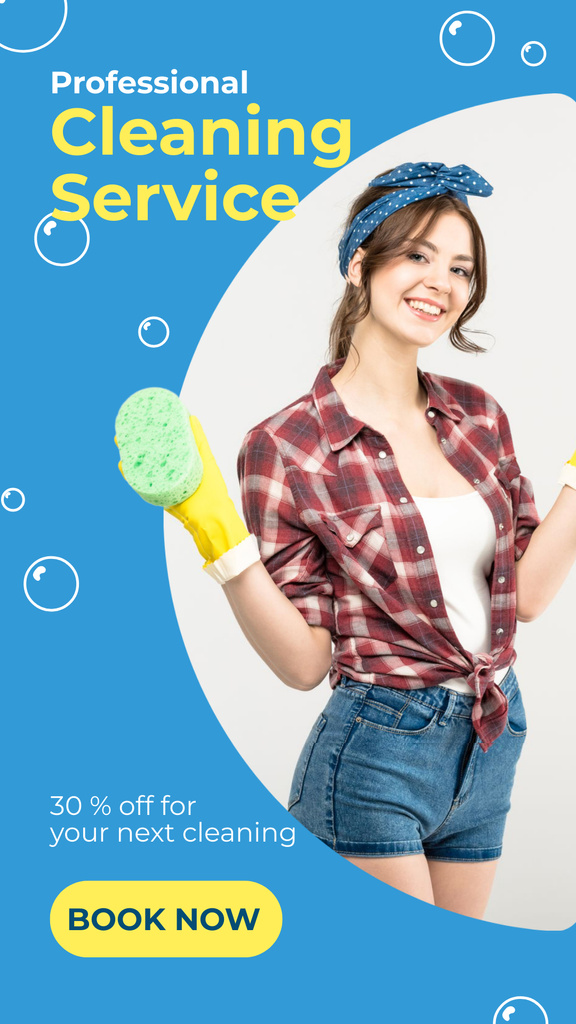 Cleaning Services Ad with Woman in Yellow Gloves Instagram Story Modelo de Design