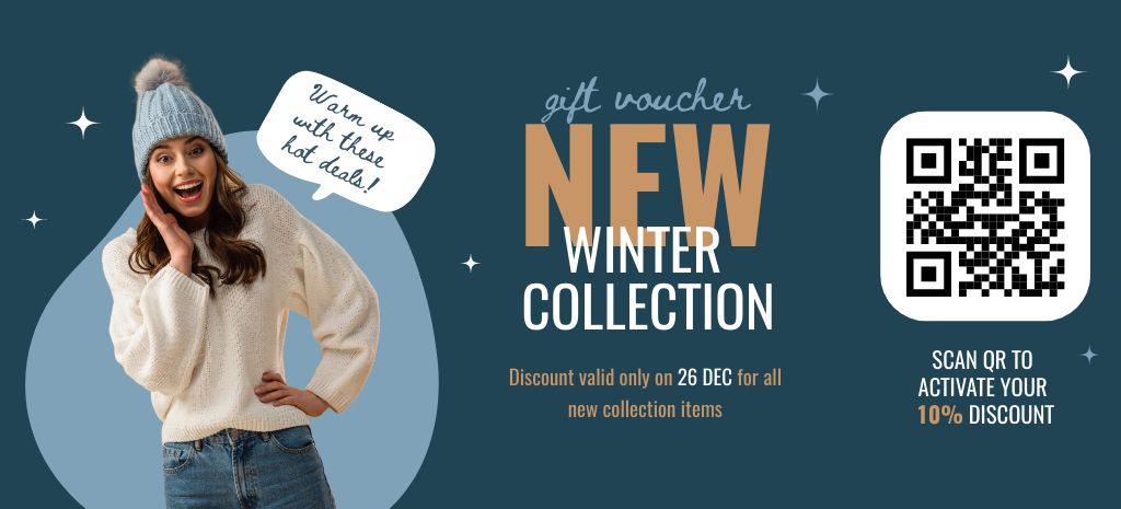 Template di design Winter Collection Voucher with Happy Woman Coupon 3.75x8.25in