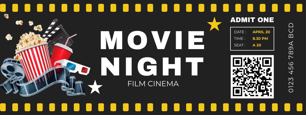 Movie Night Invitation with Popcorn Ticket Modelo de Design