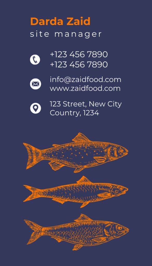 Platilla de diseño Contacts Seafood Restaurant Site Manager Business Card US Vertical