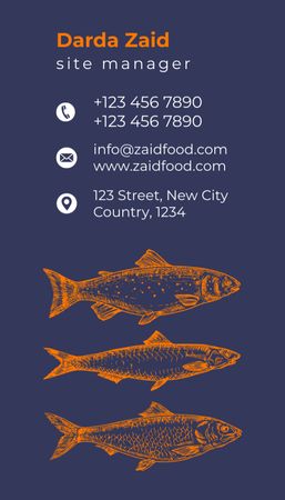 Contacts Seafood Restaurant Site Manager Business Card US Vertical Modelo de Design