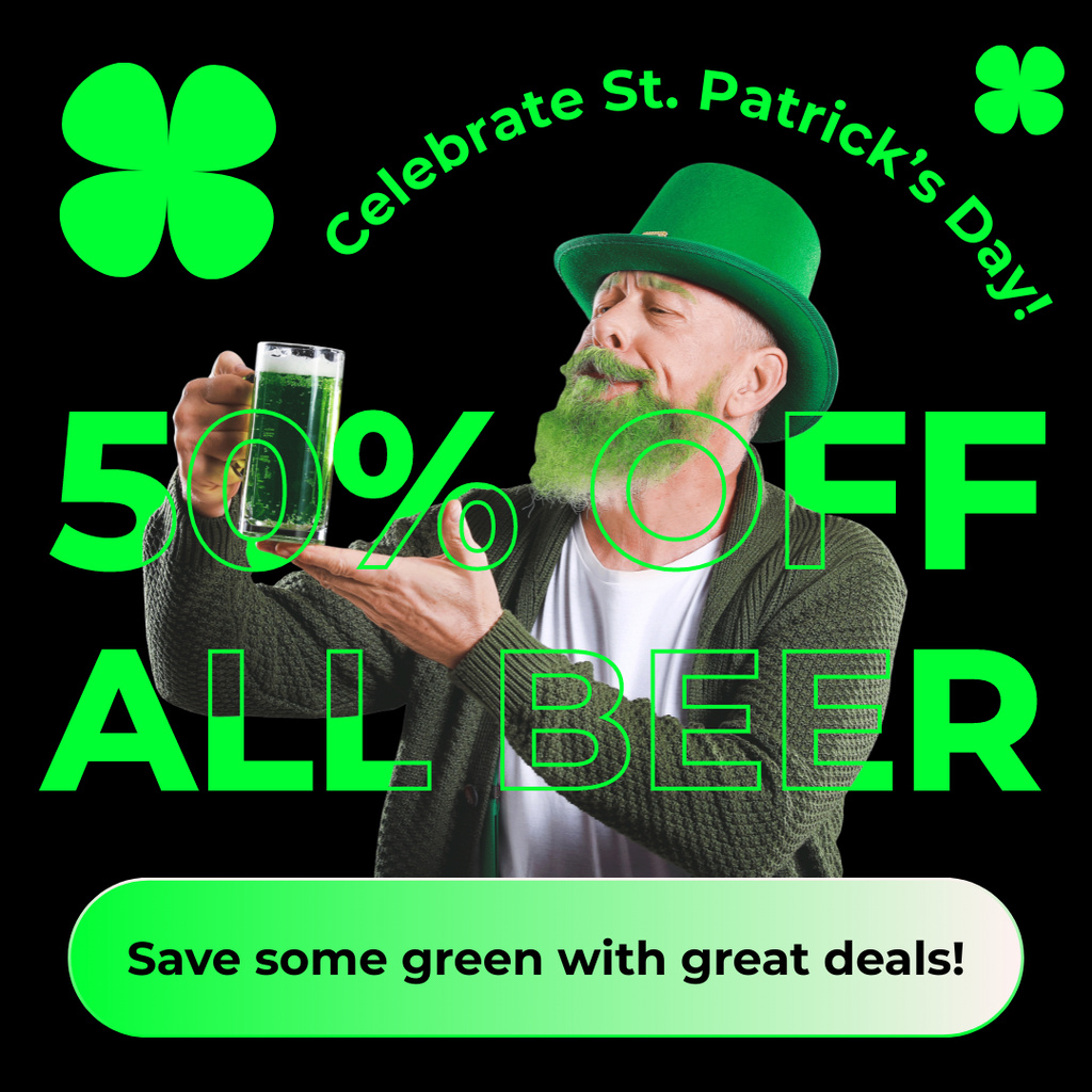 St. Patrick's Day Discount Offer with Funny Bearded Man Instagram Πρότυπο σχεδίασης