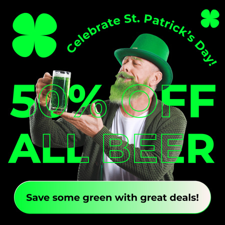 St. Patrick's Day Discount Offer with Funny Bearded Man Instagram Design Template