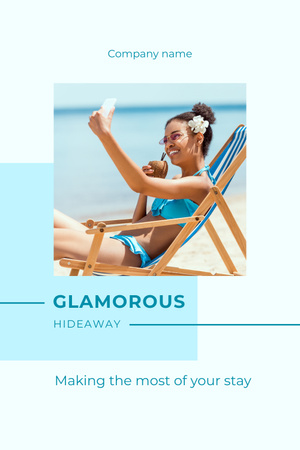 Nuori nainen ottaa selfietä rentoutuen aurinkotuolissa meren rannalla Pinterest Design Template
