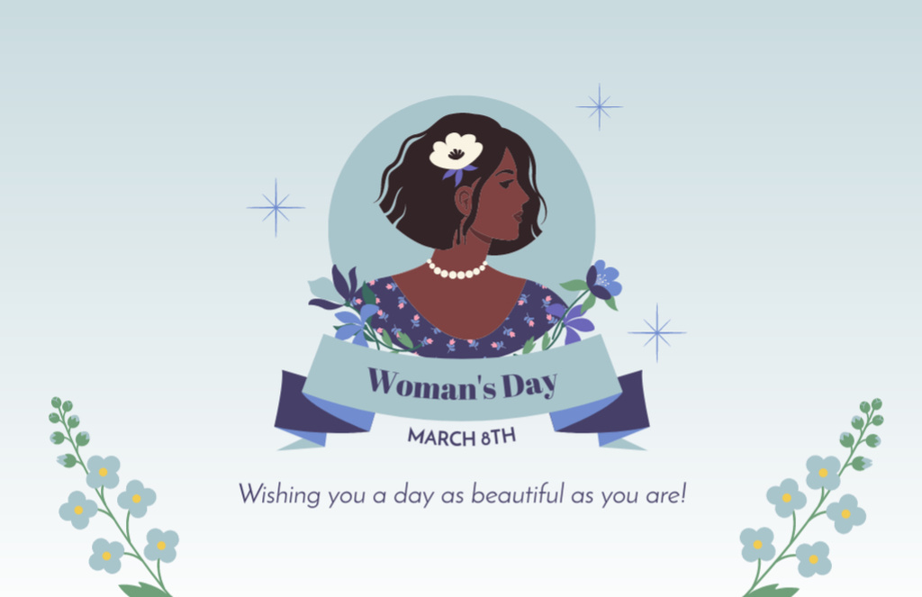Template di design Beautiful Wishes on Women's Day on Blue Thank You Card 5.5x8.5in