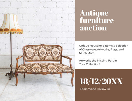 Plantilla de diseño de Subasta de muebles antiguos con sofá Invitation 13.9x10.7cm Horizontal 