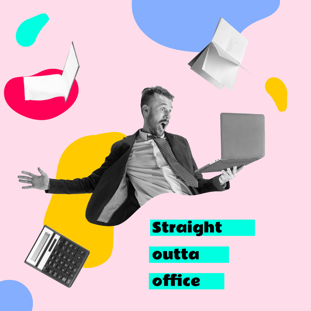 Ontwerpsjabloon van Album Cover van Funny Businessman with Laptop and Flying Books and Calculator
